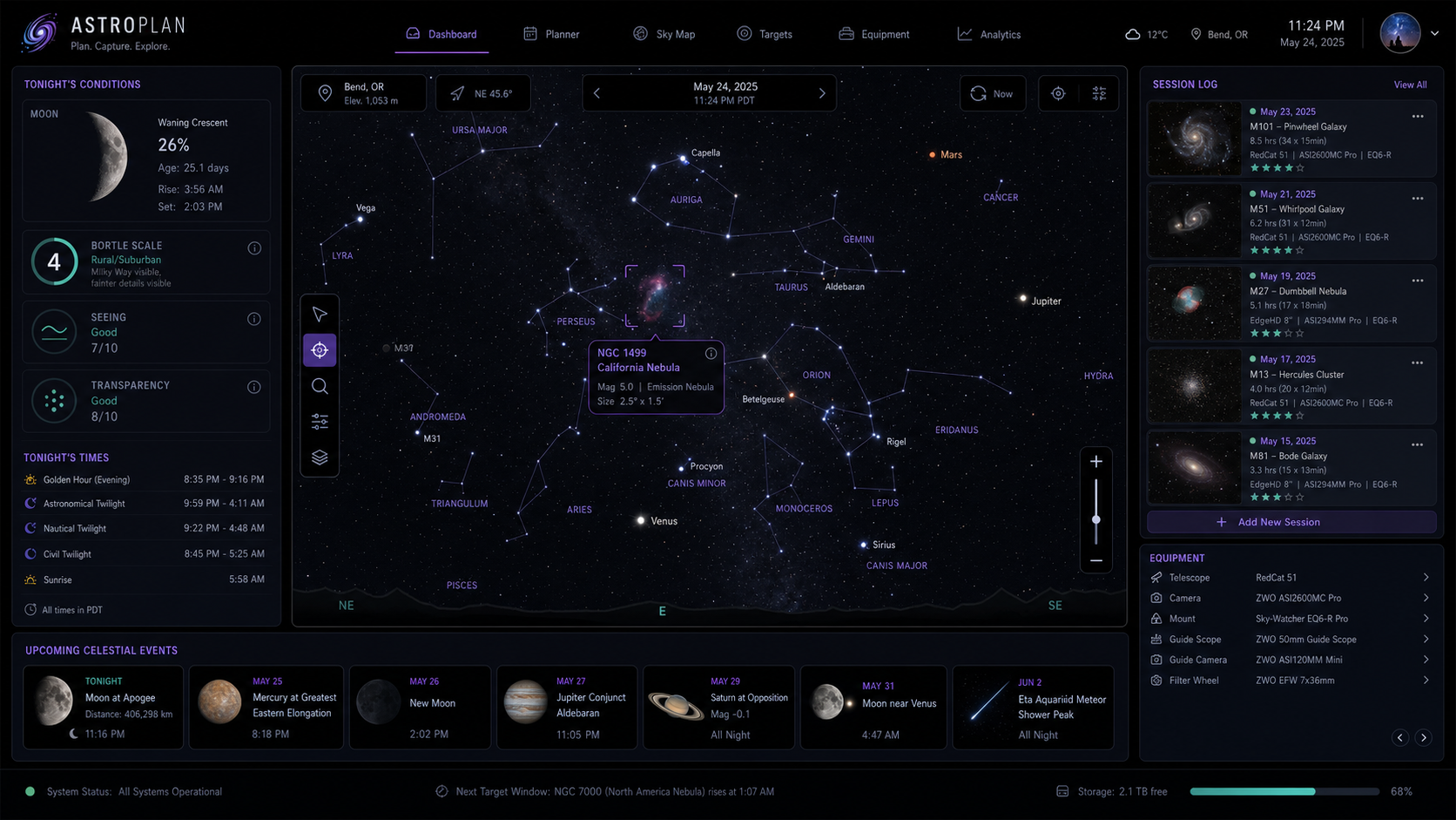 Astrophotography dashboard showing sky map, tonight's conditions, Bortle scale, session log, and upcoming celestial events