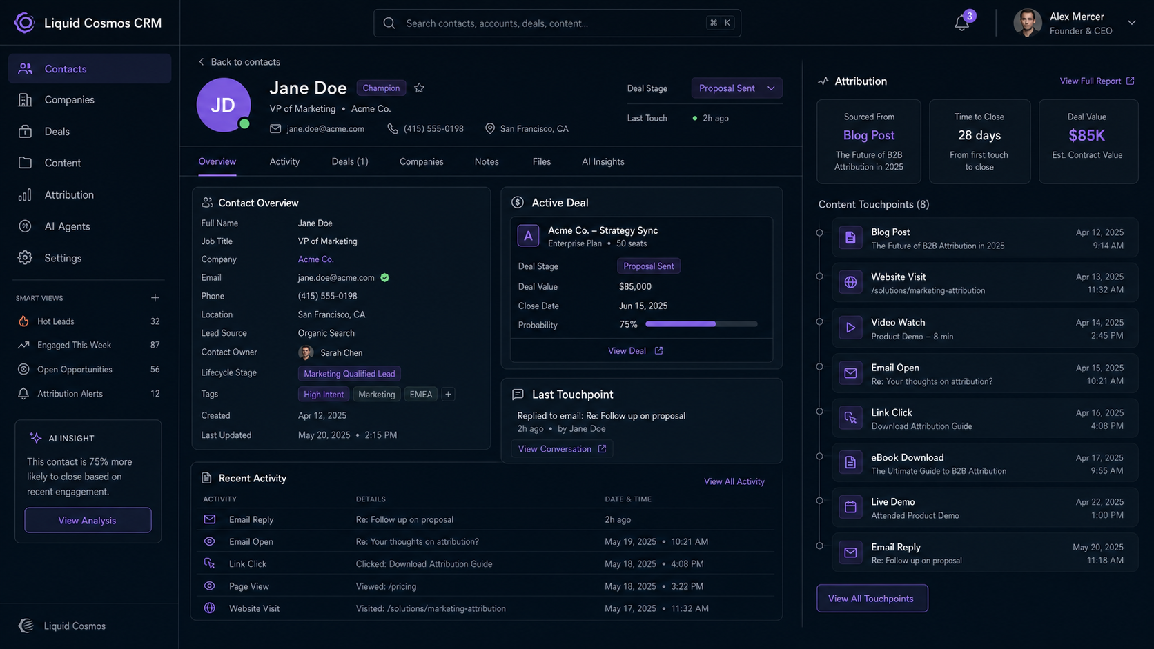 Liquid Cosmos CRM revenue intelligence dashboard