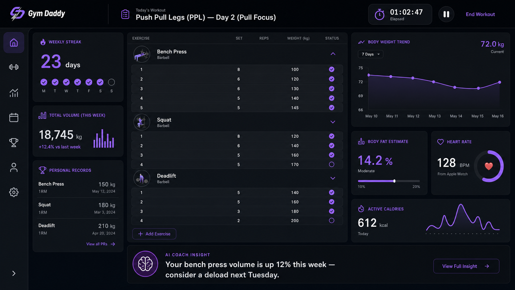 Gym Daddy workout tracking dashboard